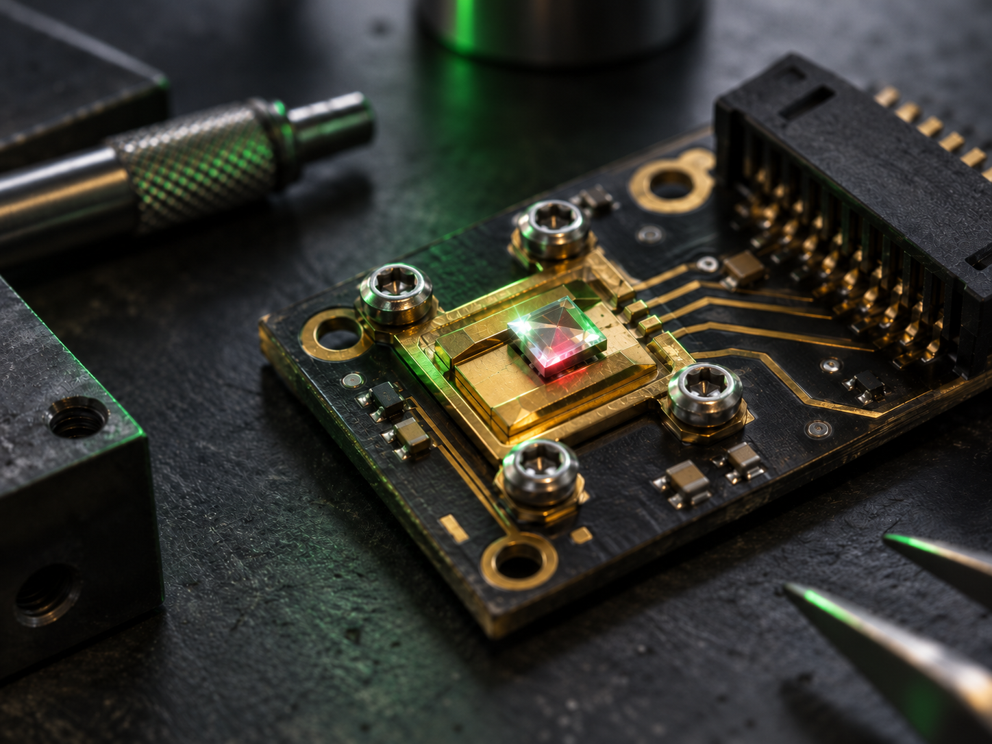 Diamond sensing materials and mounted sample on an instrumentation bench