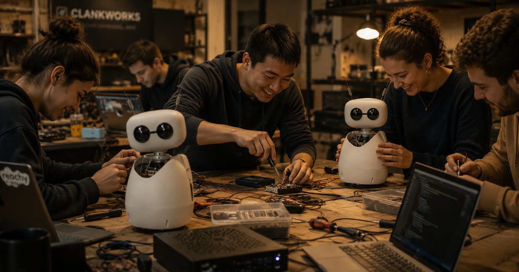 A team gathered around robots and laptops in a fabrication space